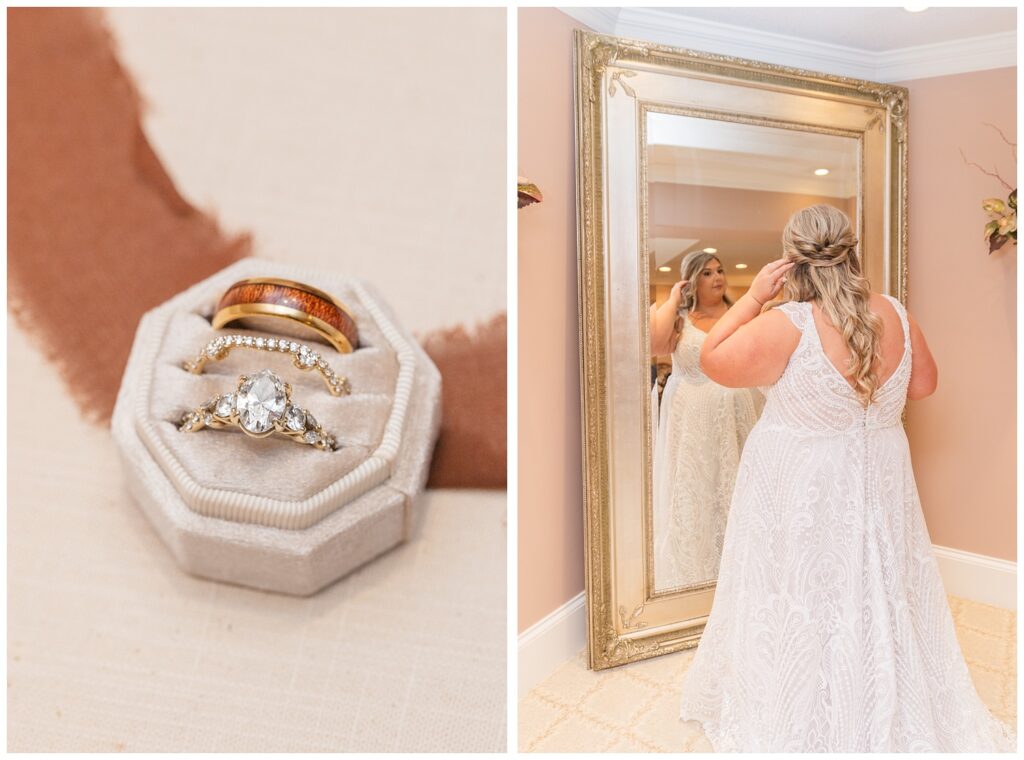 bride and groom's rings sitting inside a ring box on top of a brown ribbon