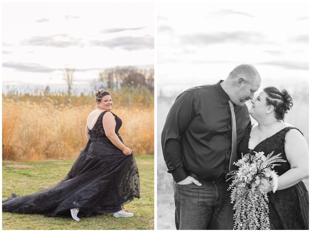 bride walking and holding her black wedding dress while wearing Vans as her shoes