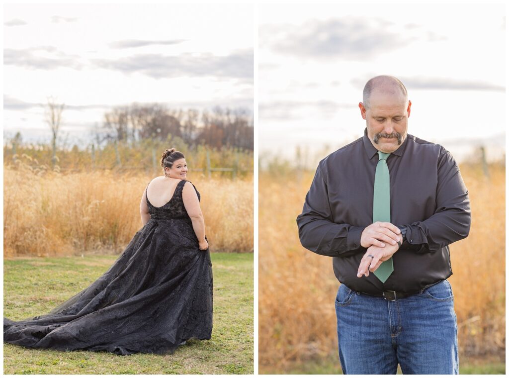 groom checking his watch and standing in front of a tall yellow field in Bucyrus, Ohio