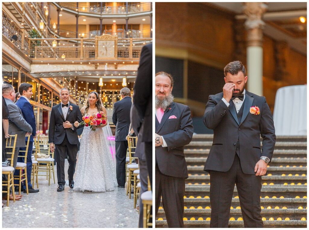 groom crying while the bride's dad walks her down the aisle