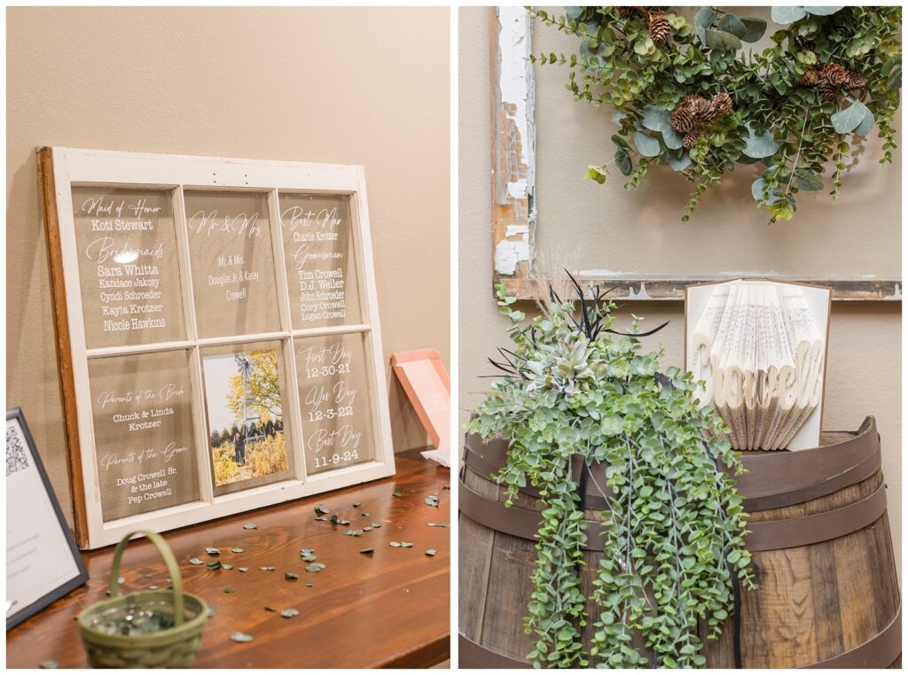 ceremony details of flowers, a book showing the couple's last name and details of their wedding day