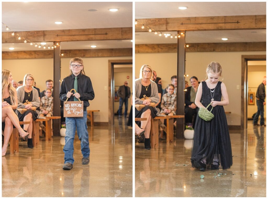 bride and groom's son and daughter walking down the aisle at wedding ceremony at Pickwick Place