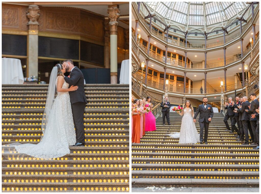 bride and groom walking down the stairs after getting married at Cleveland Arcade