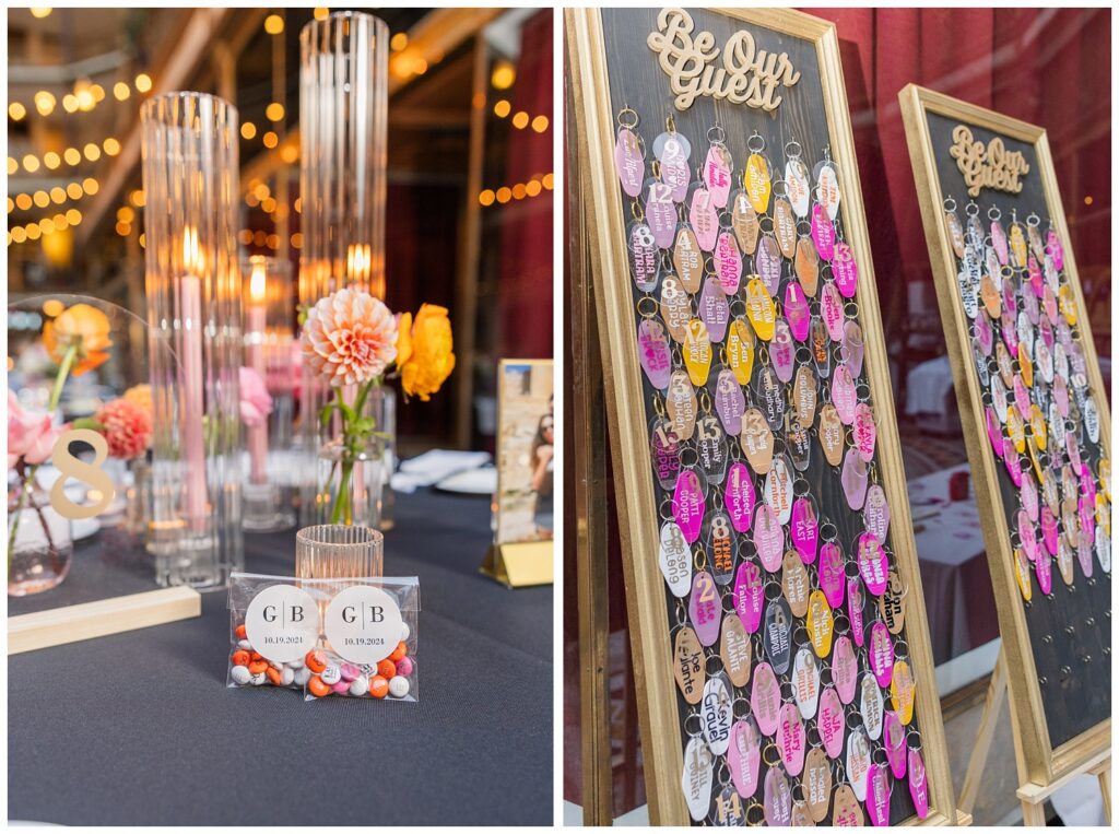 guest list boards with table numbers and keychains for wedding guests 