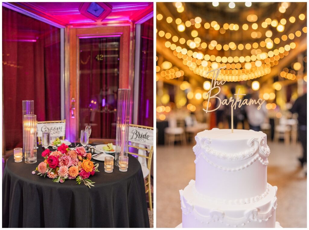 white wedding cake with the last name on top and gold lights hanging in the backgrounf