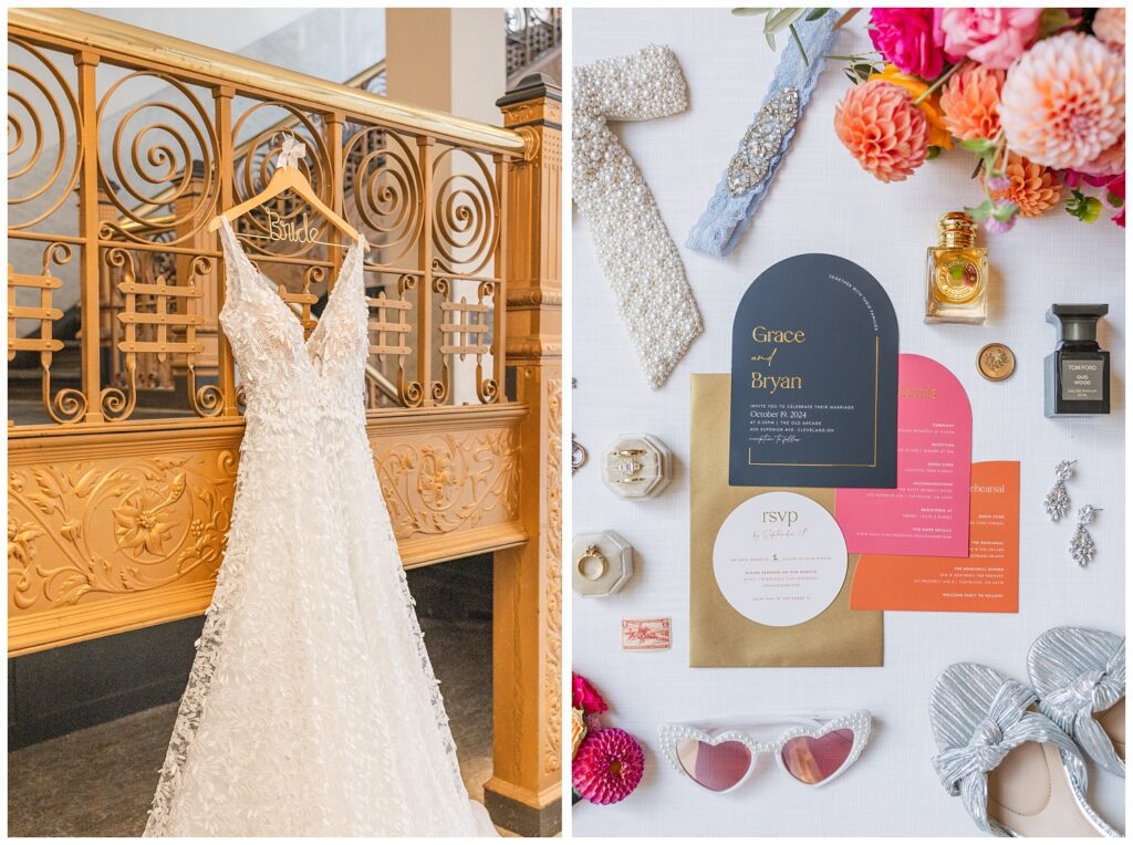 white lace dress hanging from a wooden hanger and gold staircase