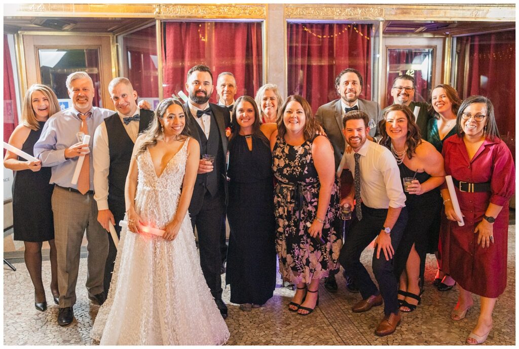 large group portrait of the bride and groom's friends at Arcade Cleveland wedding