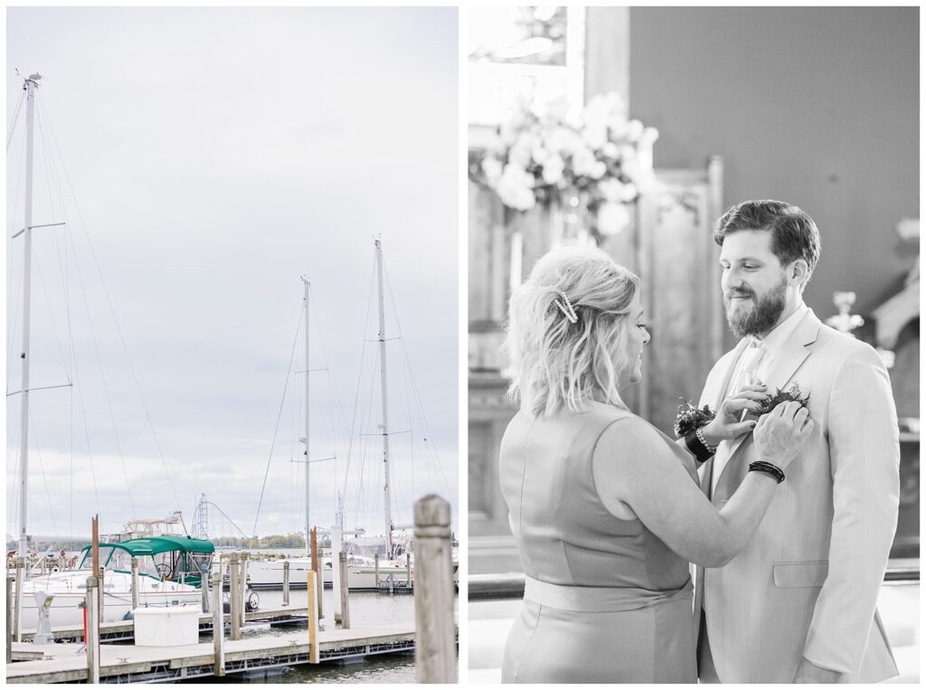 groom's mom adjusting his boutonniere at the church before the ceremony