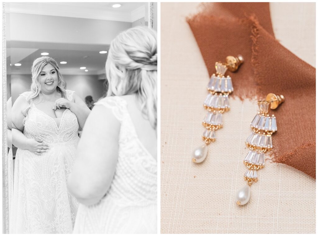 bride adjusting her necklace while getting ready for Sandusky, Ohio wedding