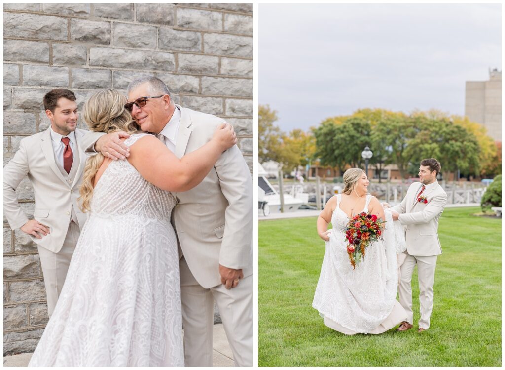 bride's brother helping her with her train outside at the Sandusky Yacht Club