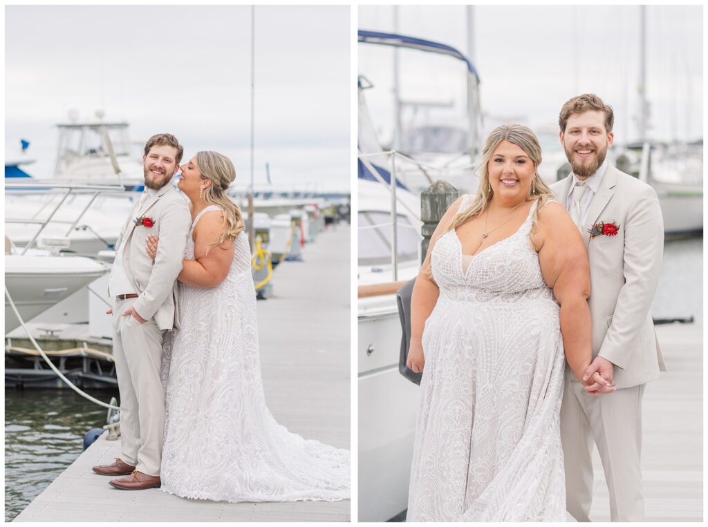 wedding couple posing together along the gangway at yacht club in Sandusky