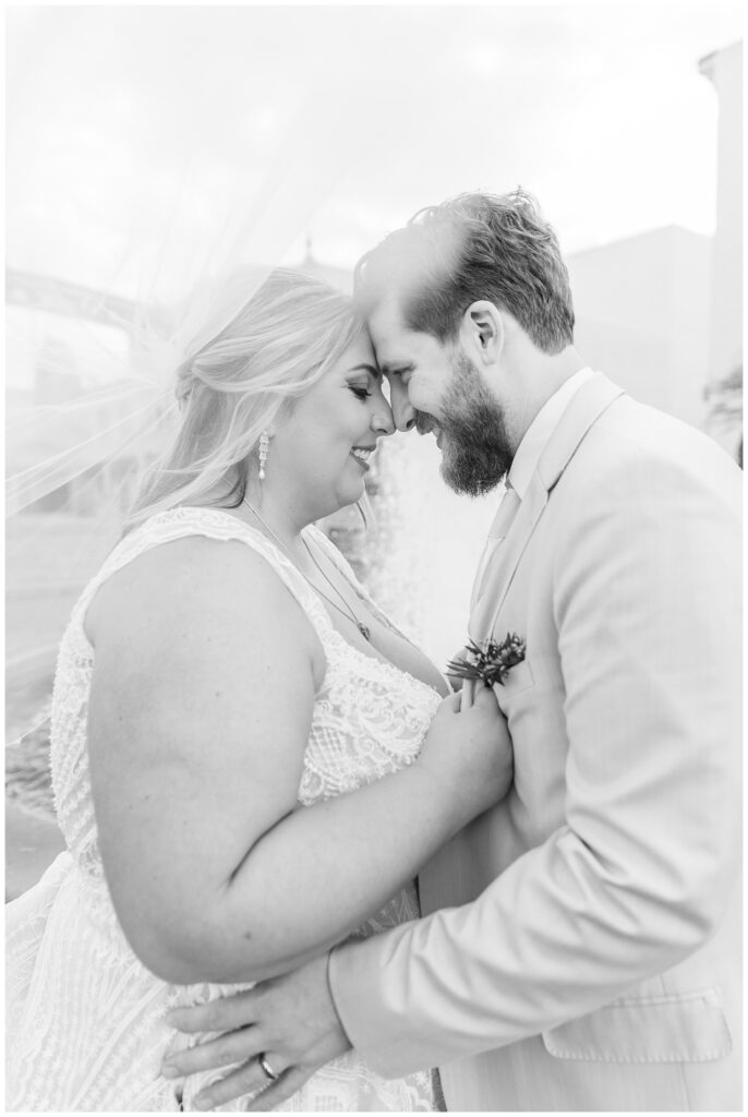 wedding couple touching foreheads under the bride's veil in Sandusky