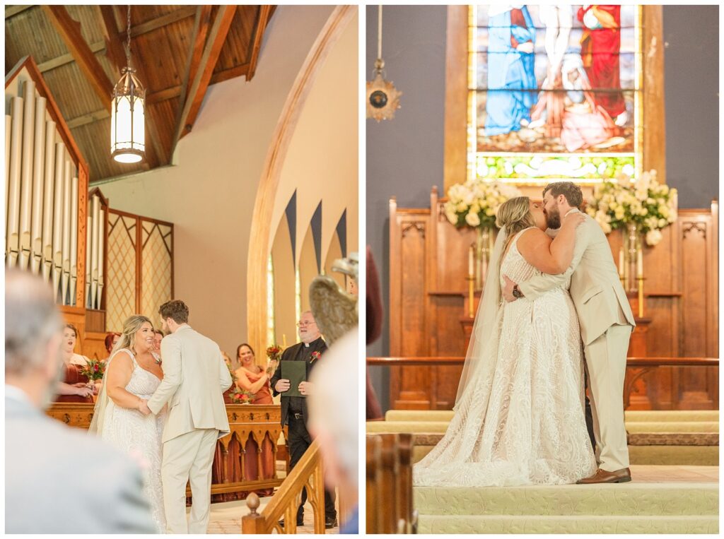 groom and bride share kiss at the end of the ceremony at the Old Calvary Church in Sandusky