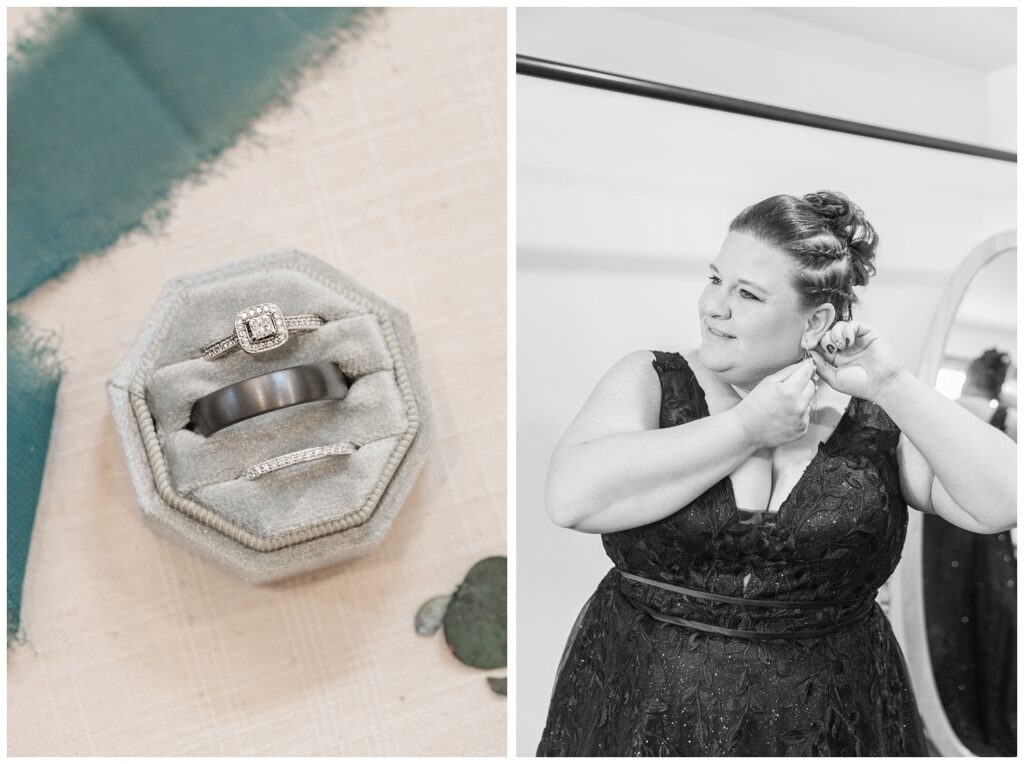 bride putting on her long diamond earrings while getting ready for wedding