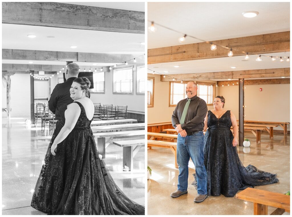 groom and bride having a first look in the basement chapel at Pickwick Place in Ohio