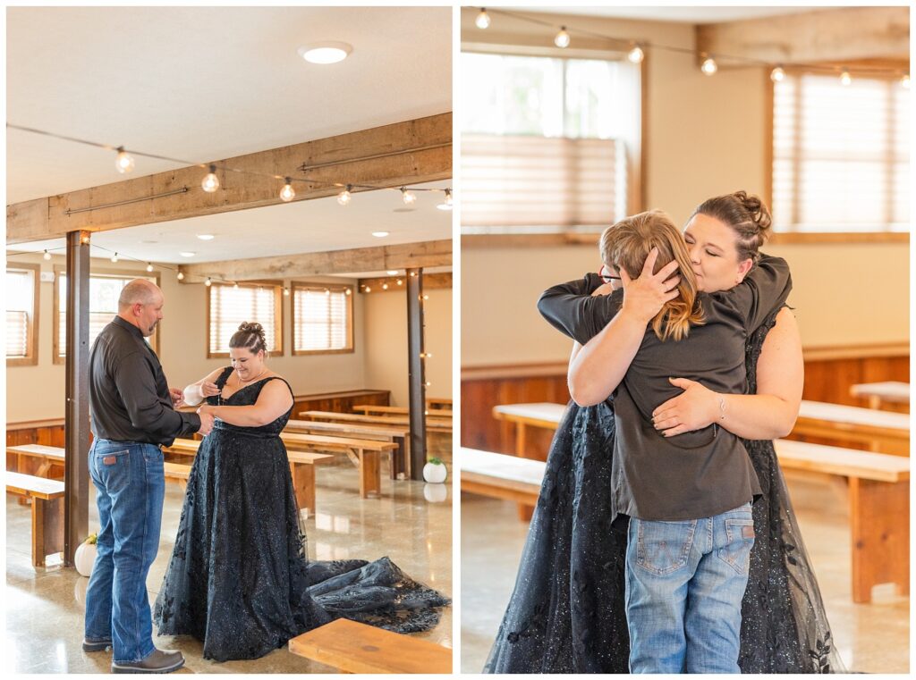 bride hugging her son after he gives her a necklace before the wedding ceremony