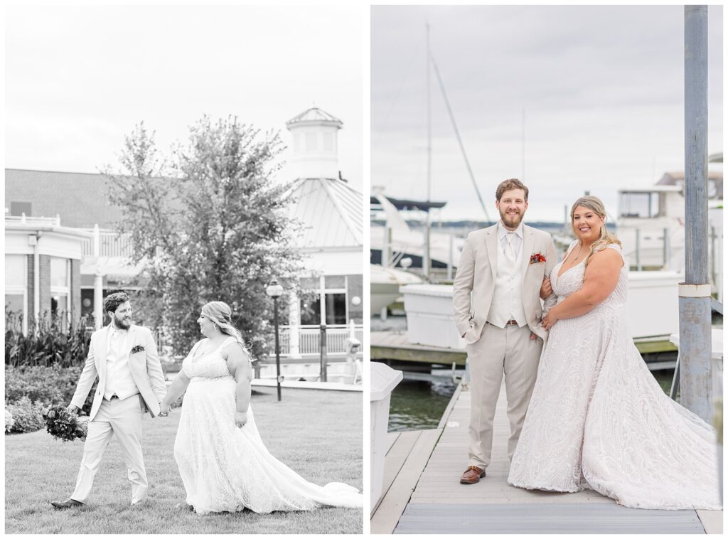 wedding couple holding hands and walking across the lawn at yacht club