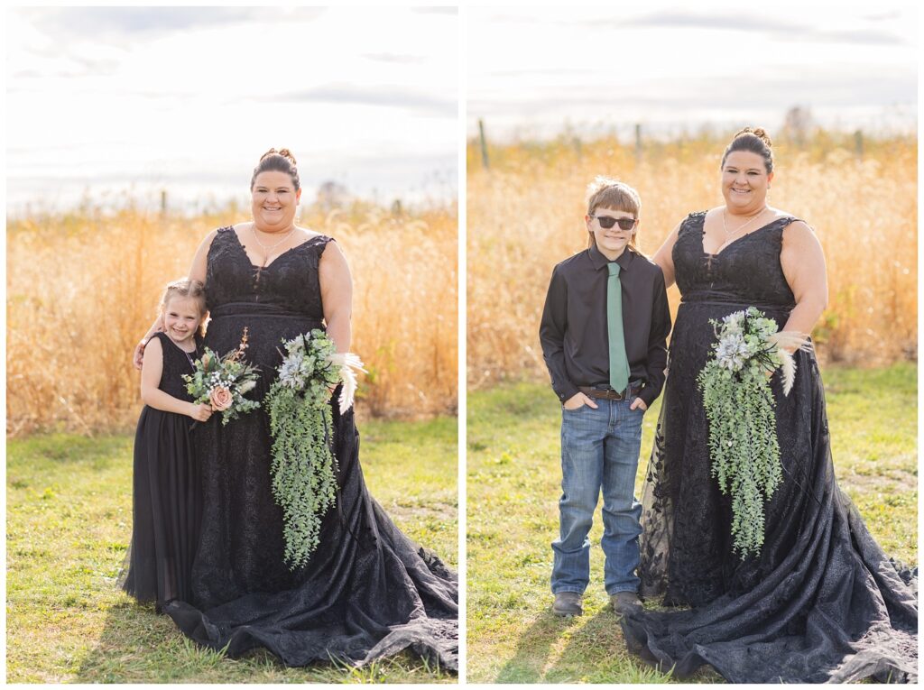 bride posing with her children outside before the fall ceremony at Pickwick Place