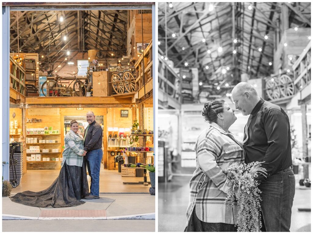 wedding couple posing just outside the entrance to the market on the Pickwick Place venue