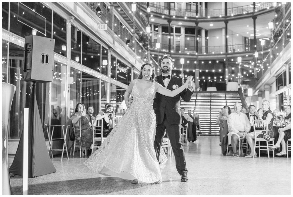 wedding couple dancing on the floor during fall reception in Cleveland