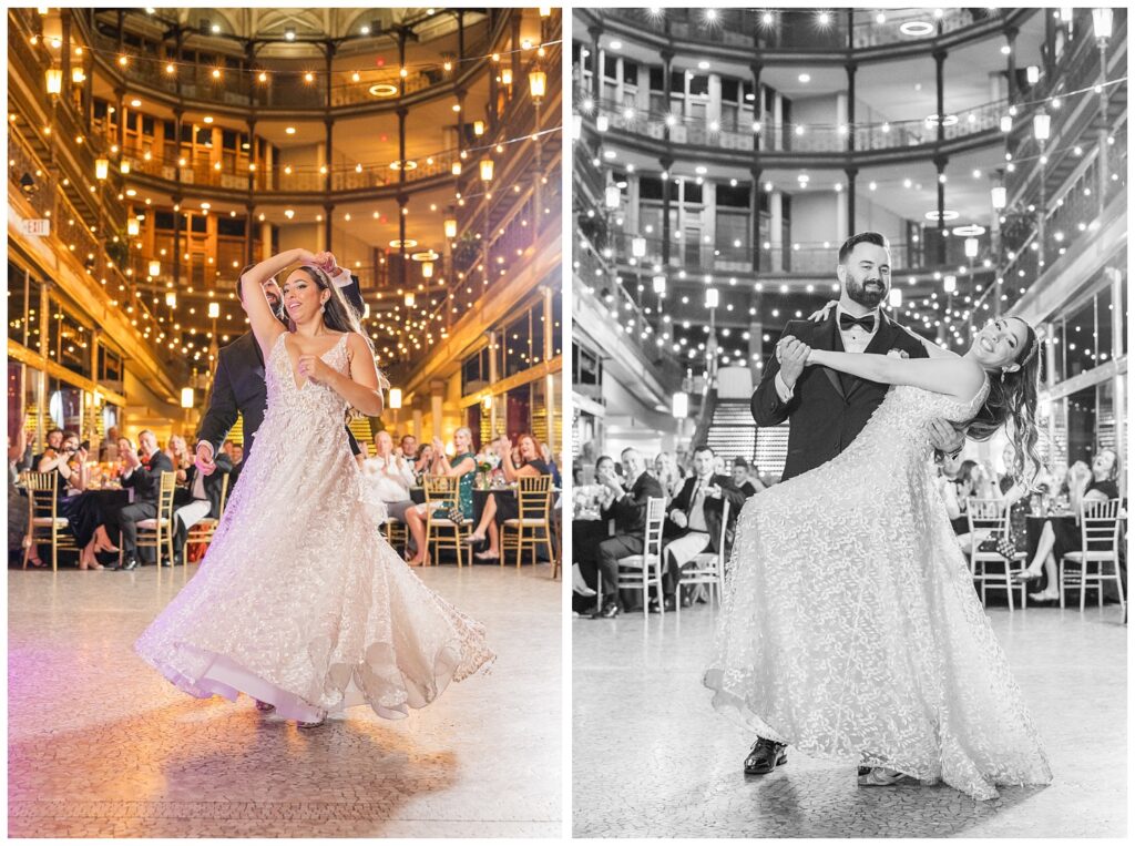 groom dipping the bride back during their dance at Cleveland, Ohio wedding reception