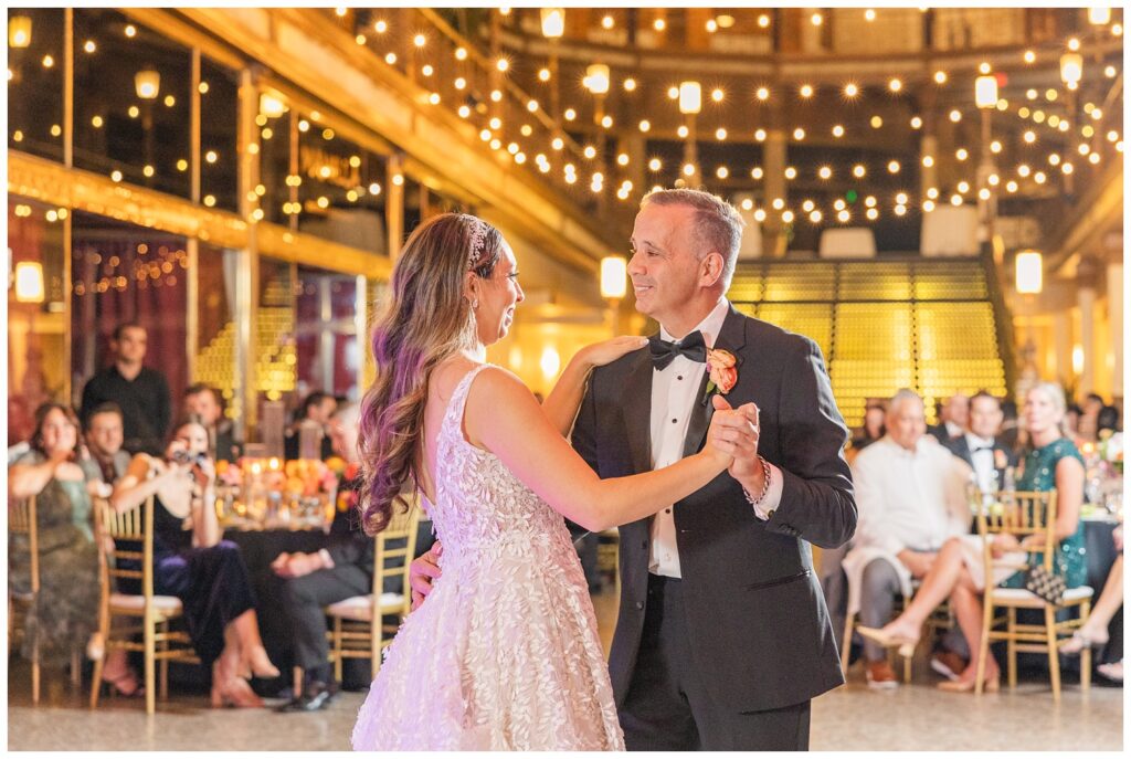 bride dancing with her dad at the Arcade Cleveland wedding reception