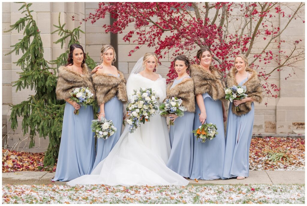 bridal party portraits outside the church before the ceremony in Fremont, Ohio