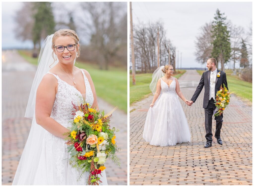 wedding couple holding hands and walking along a brick road near Monroeville, OH