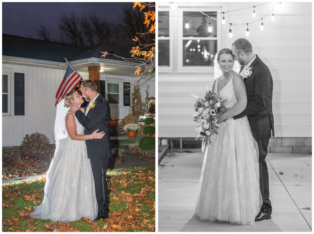 groom holding the bride from behind on their backyard patio