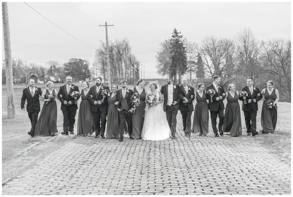 full wedding party walking on a brick road with the bride and groom