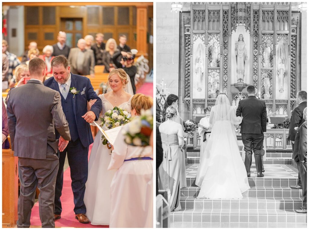 bride's dad handing her over to the groom during Fremont, Ohio church wedding