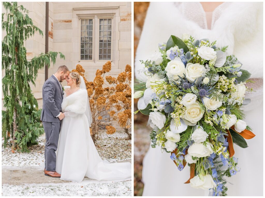 close up detail of the bride's blue, green, and white wedding bouquet