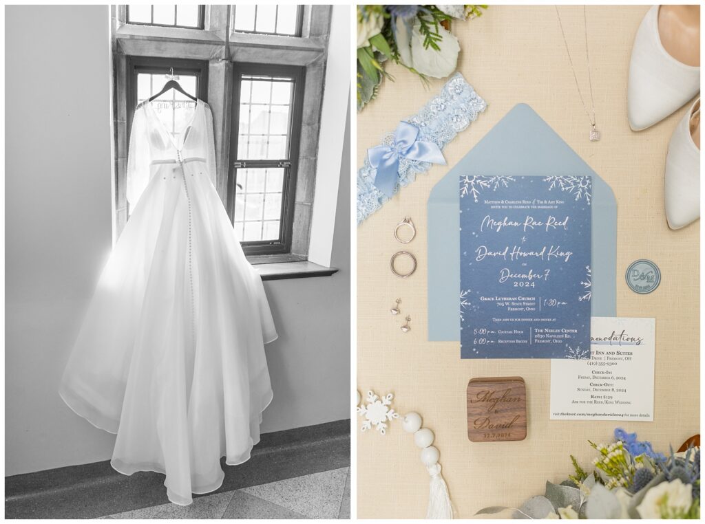 white wedding dress hanging from a wooden hanger on a church window