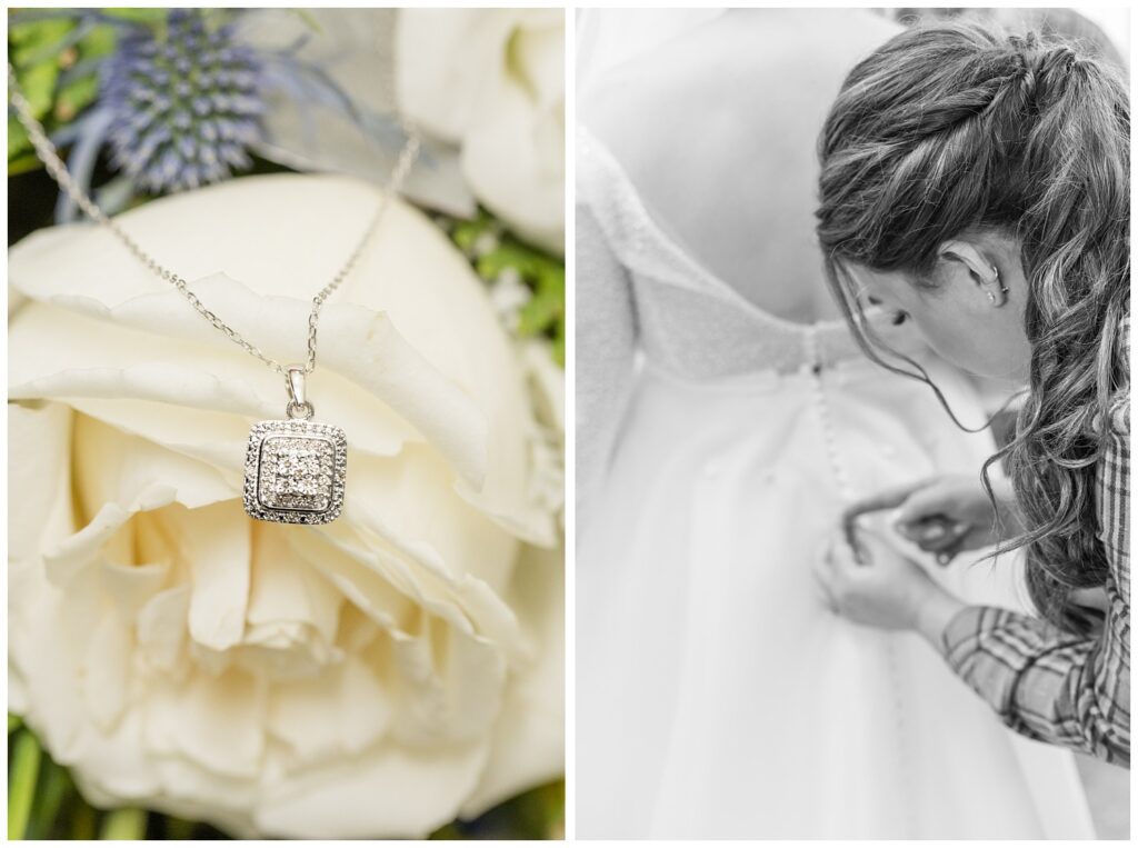 bride's crystal and silver necklace sitting on top of a white rose