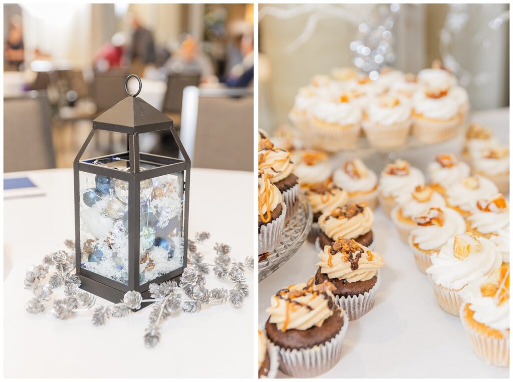 table decorations and cupcakes at Neeley Center wedding reception