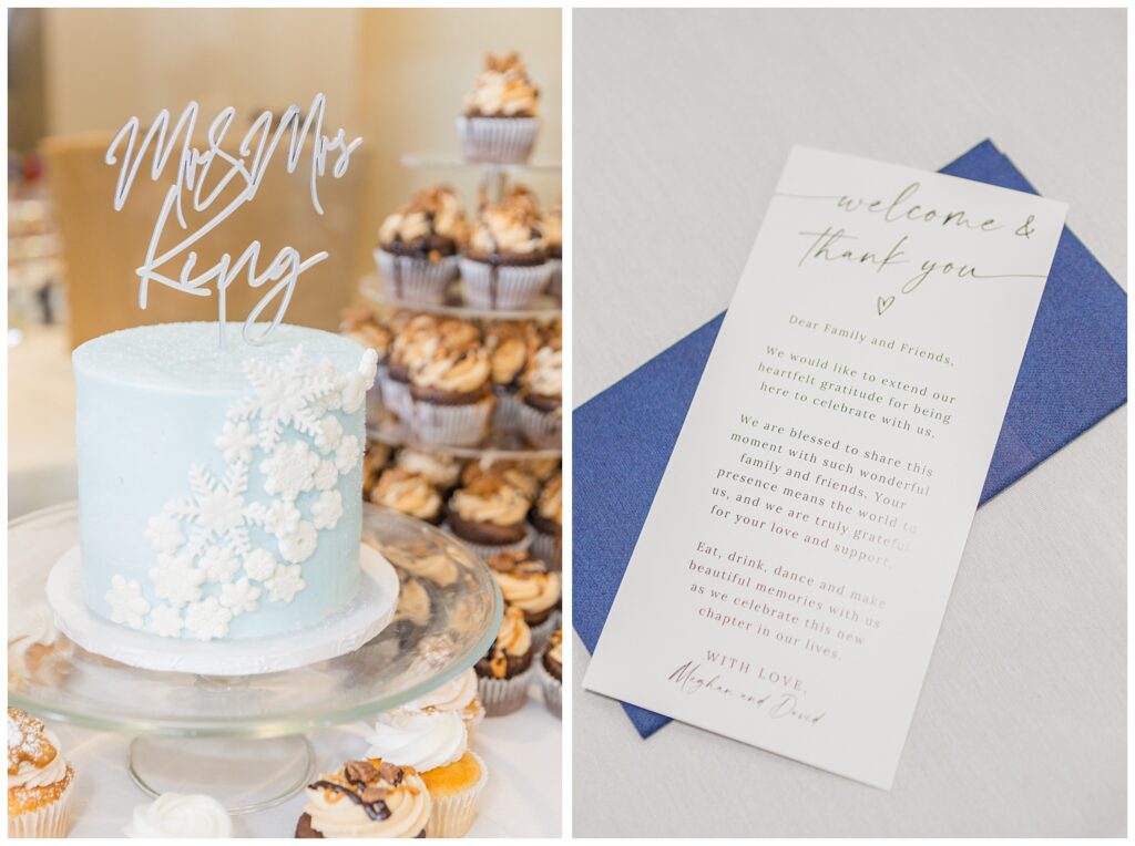 blue and white wedding cake at reception at the Neeley reception