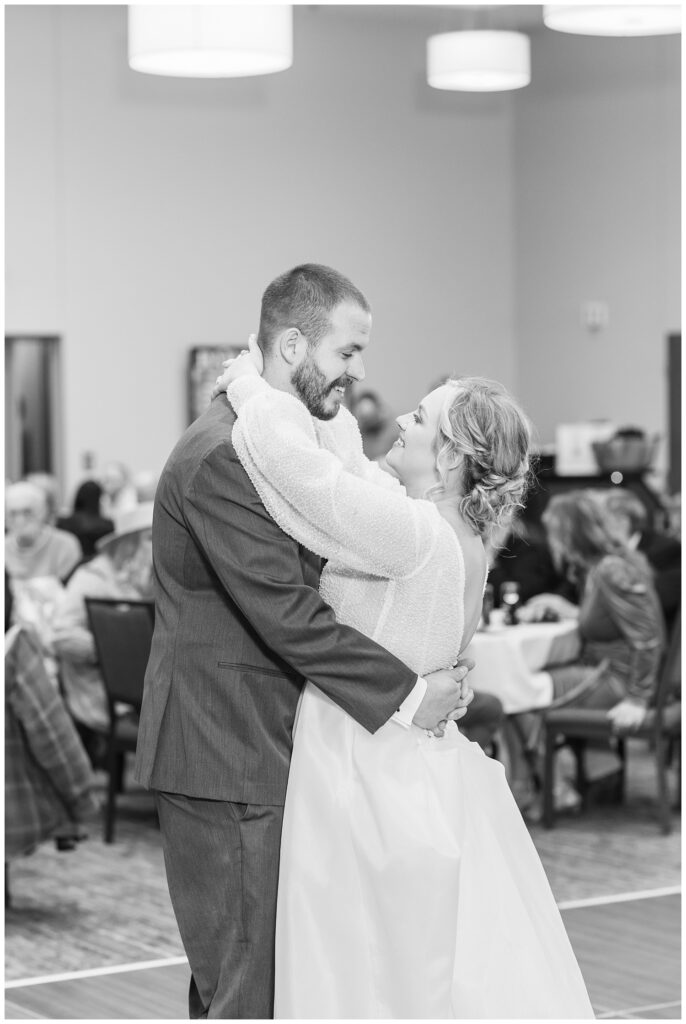 wedding couple having a first dance at their winter reception in Fremont, Ohio