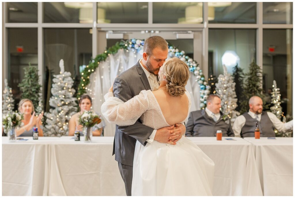 wedding couple having a first dance at their winter reception at the Neeley Center