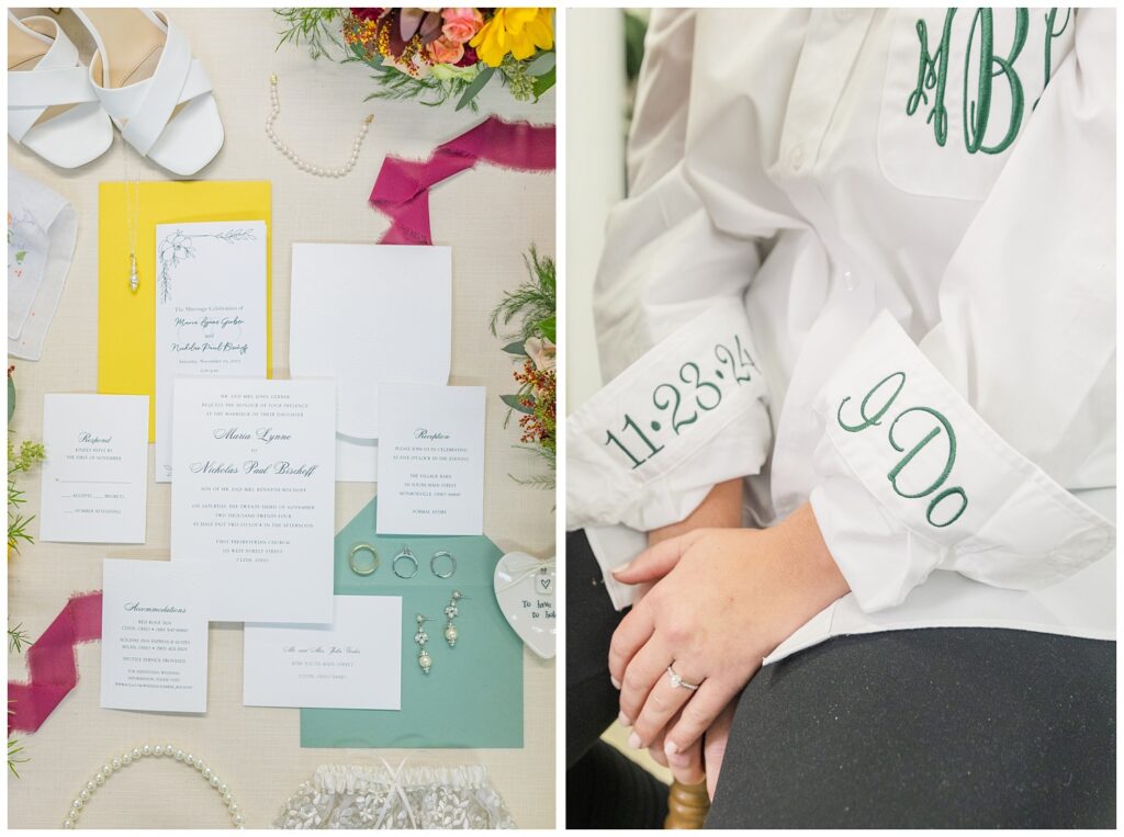 full invitation suite with jewelry and wedding shoes flat lay with bright colors