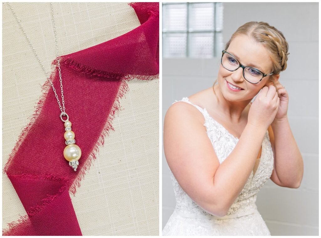 bride putting on her earrings while getting ready at the church in Ohio