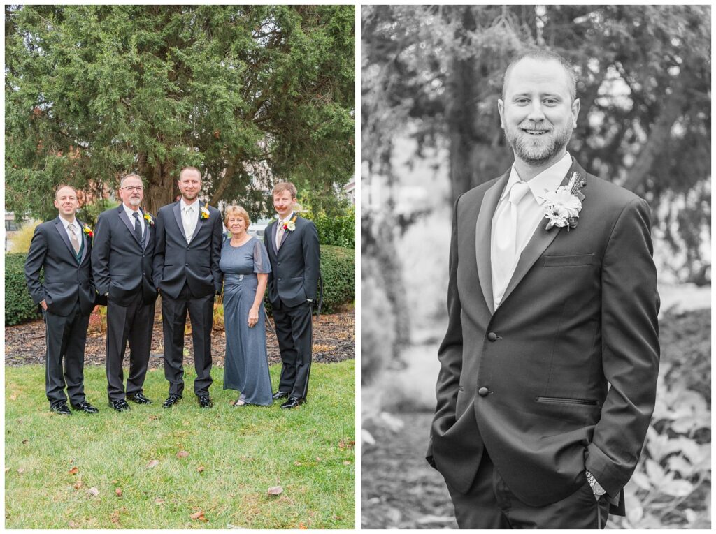 groom posing with his family outside in front of a tree at the church