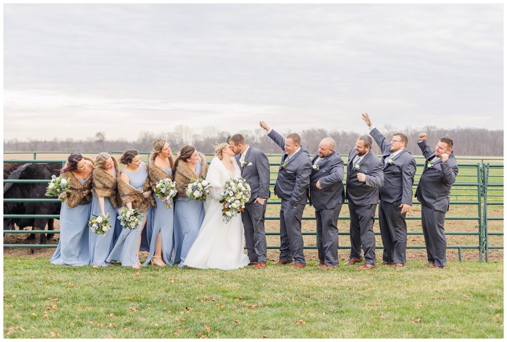 full wedding party posing in front of a green fence with cows in Fremont, Ohio