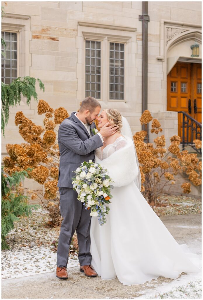 Fremont, Ohio bride and groom ceremony portraits outside the church