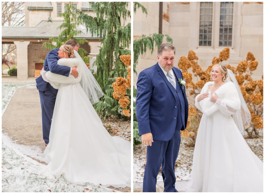 dad crying after hugging the bride outside in the church courtyard