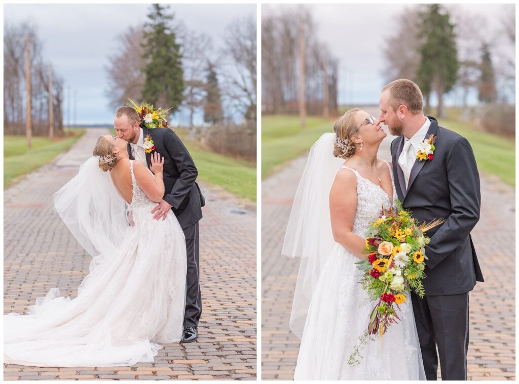 bride and groom portraits on a brick road near The Village Barn venue