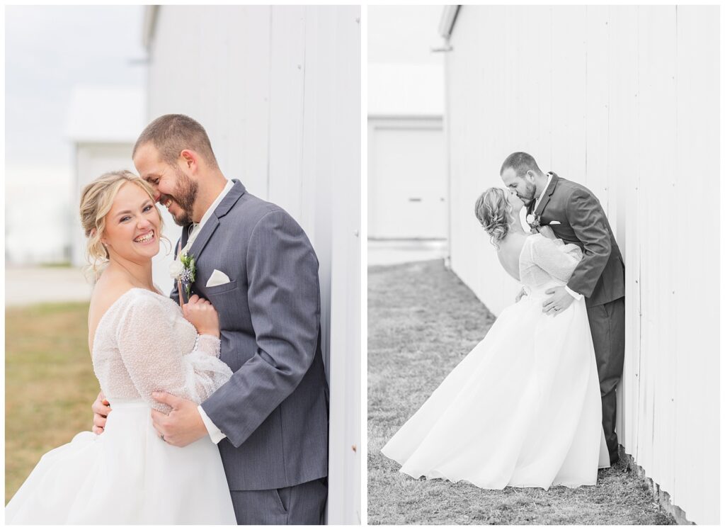 bride and groom winter portraits on the bride's family farm in Ohio