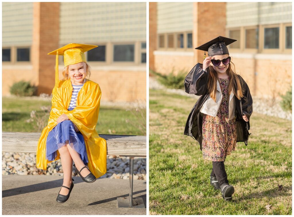two little girls posing in graduation cap and gowns outside in Fremont, Ohio