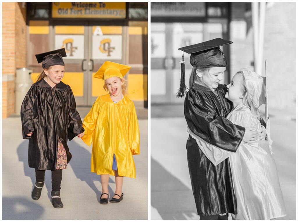 two kindergarten students hugging together in front of Old Fort Elementary in Ohio