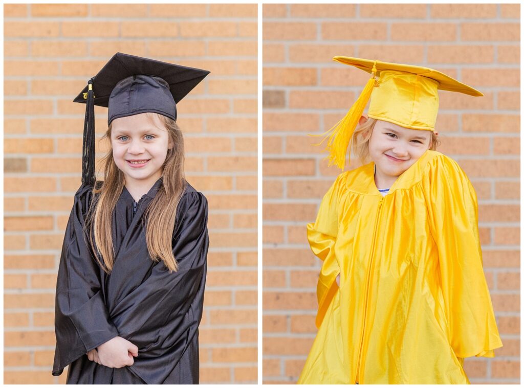 little girls posing in graduation caps and gowns at Tiffin, Ohio portrait session