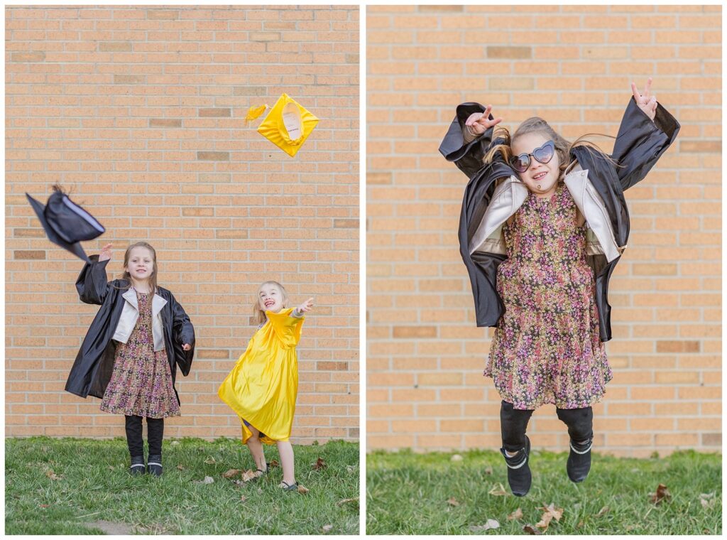 little girls throwing up their caps in the air at Tiffin, Ohio graduation mini session